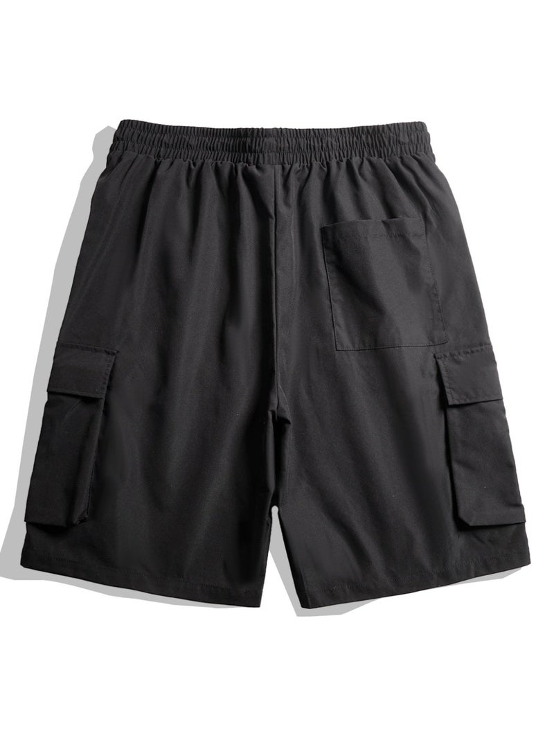 Men's Black Techwear Cargo Shorts Casual Elastic Waist Shorts with Toggle Drawstring and Utility Pockets - Image 5